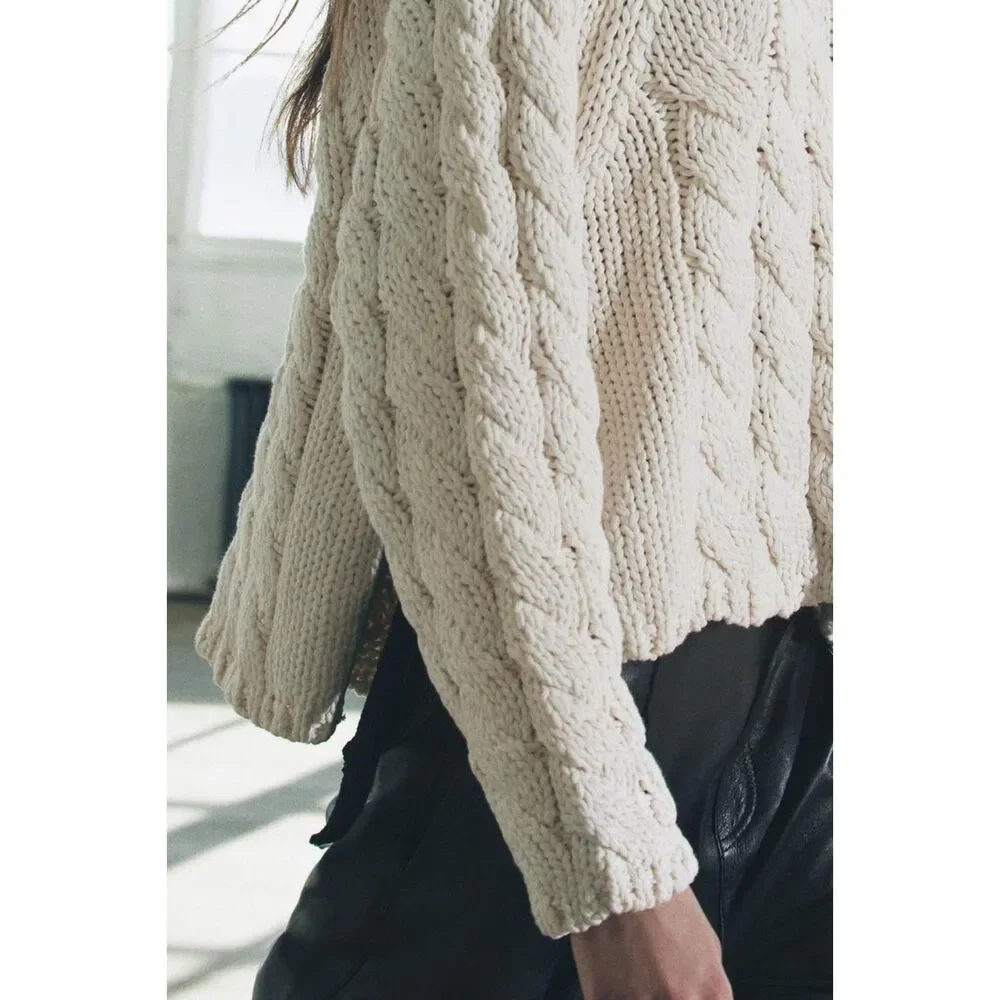 Cream Zara Side Vents Ties Chunky Knit Long Sleeve Pullover Sweater (NWT) - Picture 8 of 10